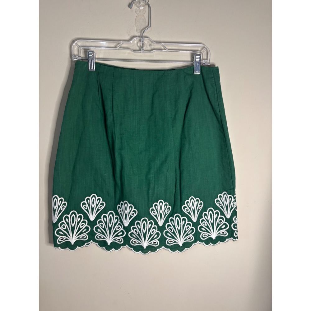 Talbots Green Linen Blend Embroidered Scallop Hem Mini Skirt Size 4 Fan Detail - Picture 4 of 7